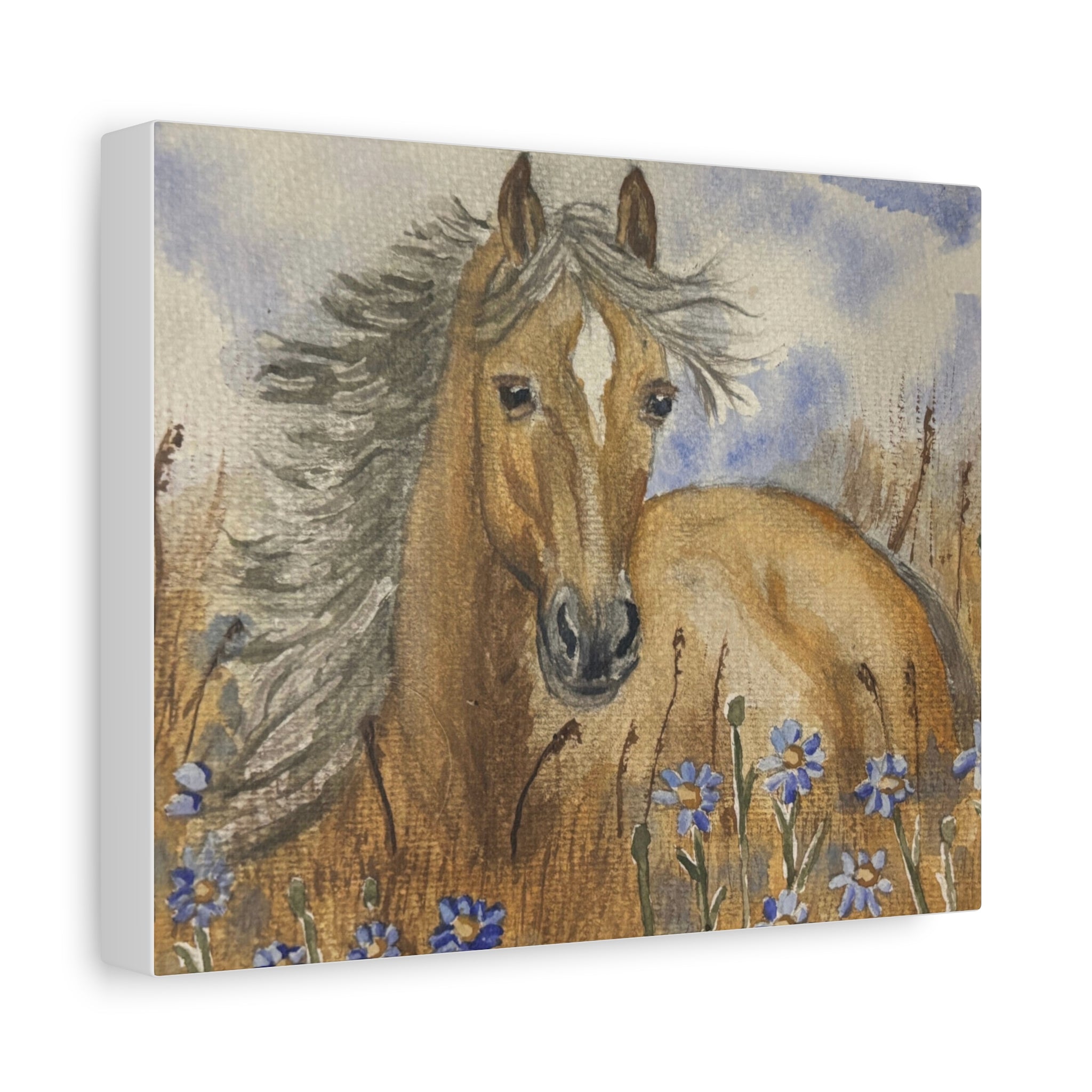Golden Horse Canvas Print – Watercolor Mustang in Wildflower Meadow (Stretched Matte Canvas)