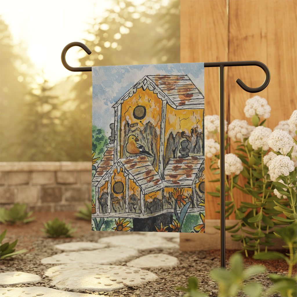 Birdhouse Garden Flag — Rustic Yellow Birdhouse Decorative Garden Banner