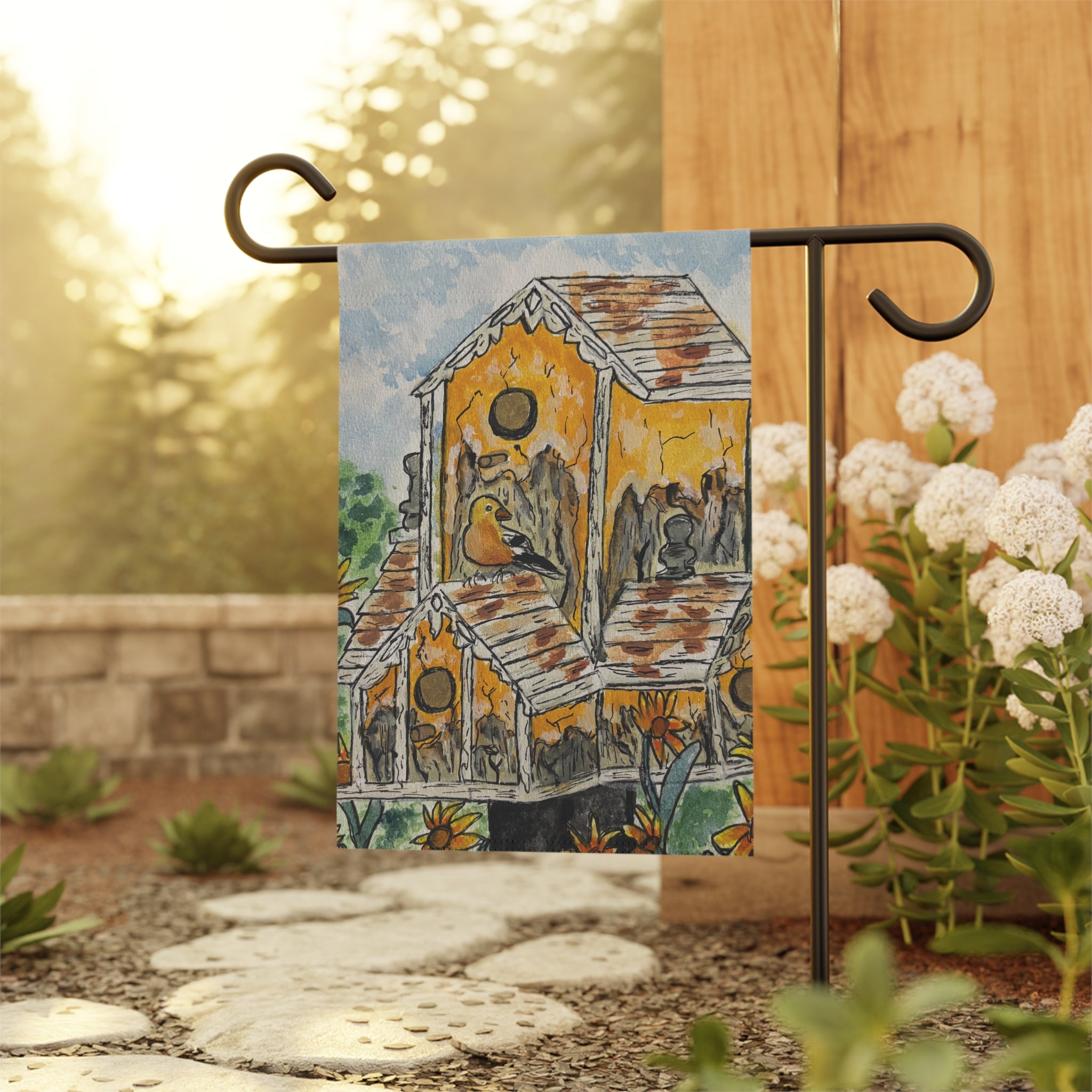 Birdhouse Garden Flag — Rustic Yellow Birdhouse Decorative Garden Banner