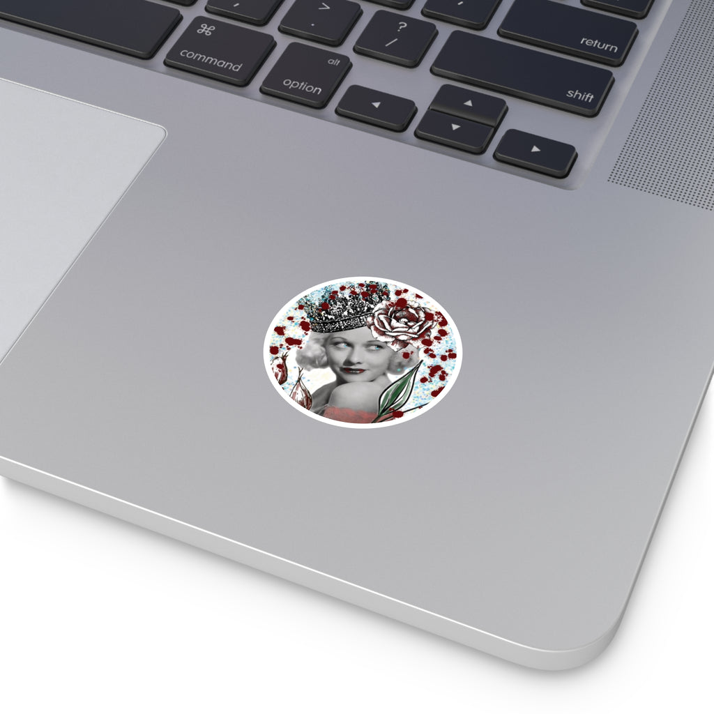 Vintage Glam Round Sticker — Retro Hollywood Actress with Crown & Roses (Indoor/Outdoor)