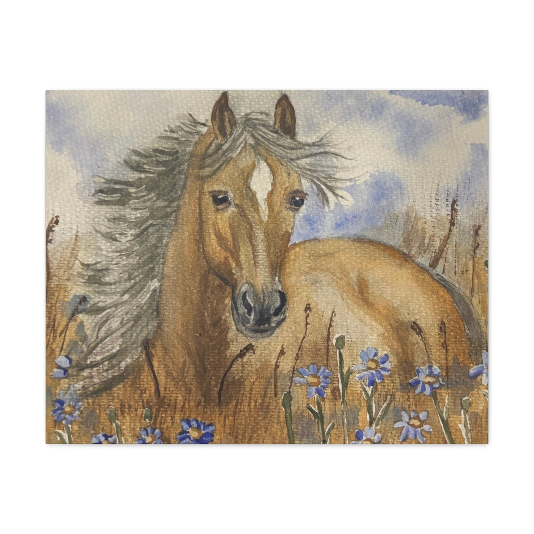 Golden Horse Canvas Print – Watercolor Mustang in Wildflower Meadow (Stretched Matte Canvas)