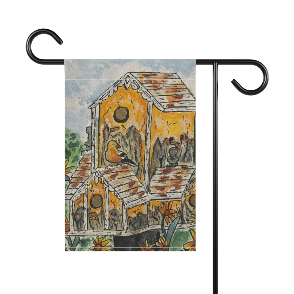 Birdhouse Garden Flag — Rustic Yellow Birdhouse Decorative Garden Banner