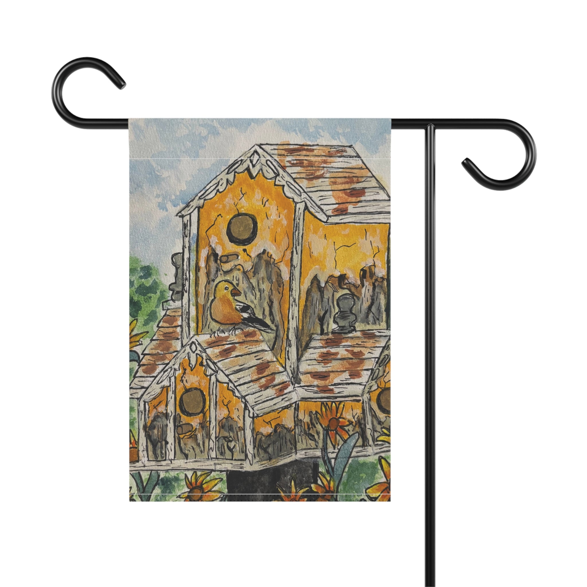 Birdhouse Garden Flag — Rustic Yellow Birdhouse Decorative Garden Banner