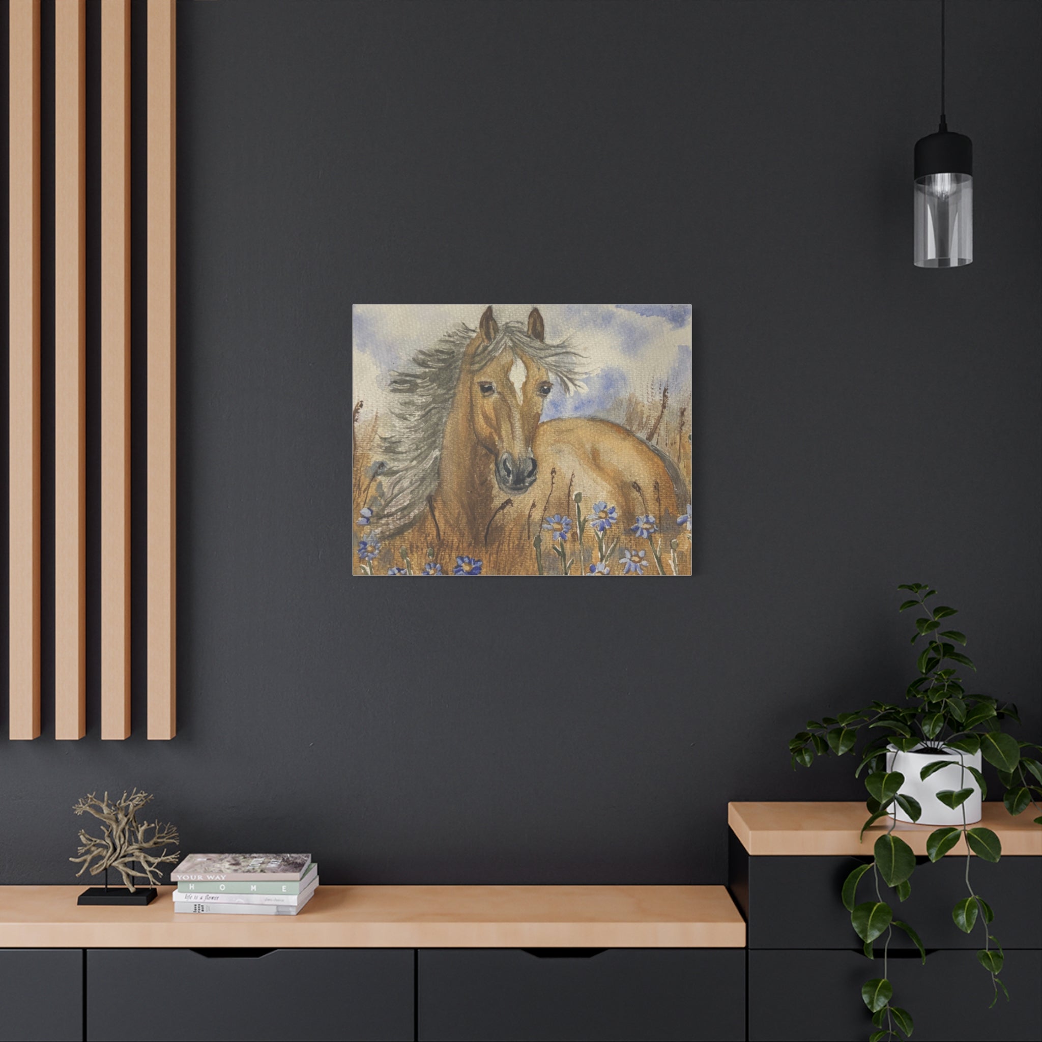 Golden Horse Canvas Print – Watercolor Mustang in Wildflower Meadow (Stretched Matte Canvas)