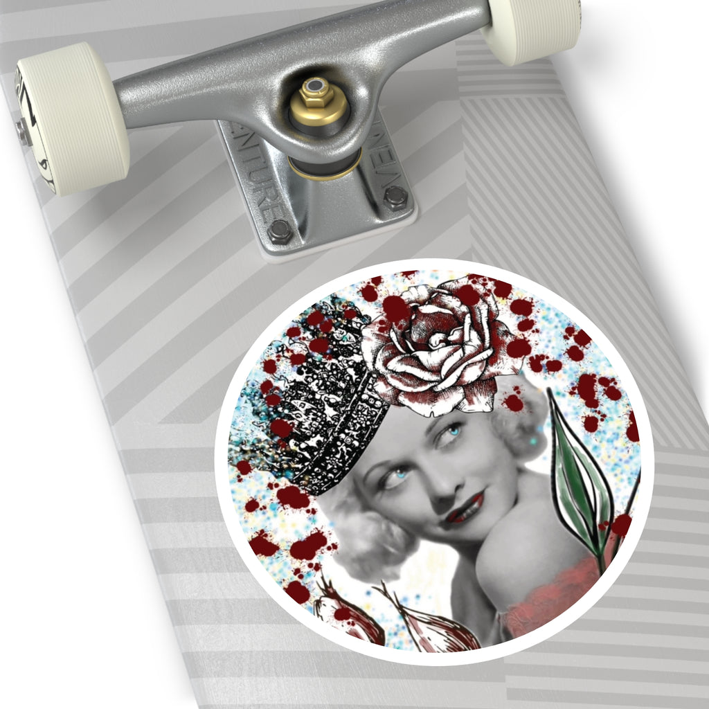 Vintage Glam Round Sticker — Retro Hollywood Actress with Crown & Roses (Indoor/Outdoor)
