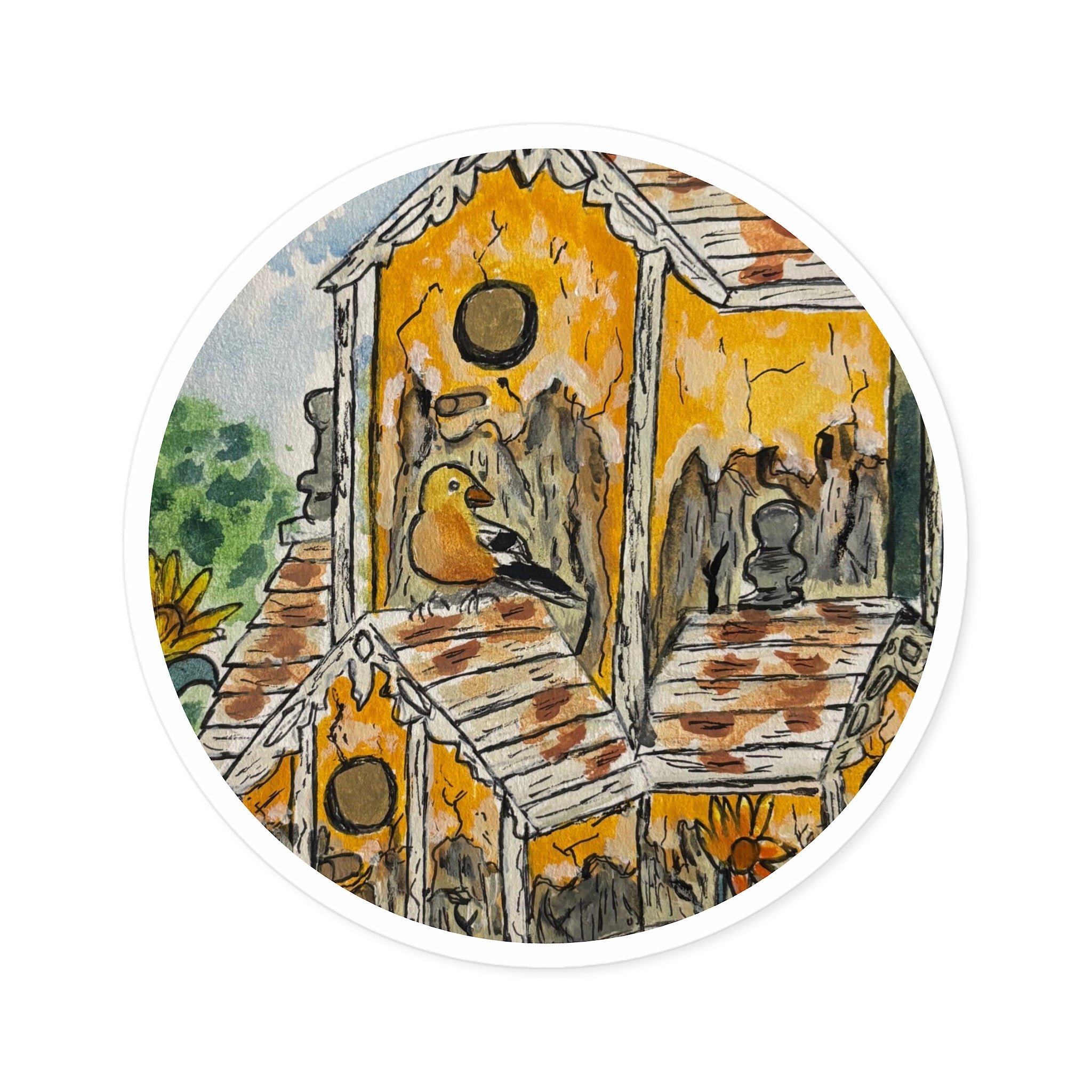 Birdhouse Garden Round Sticker — Waterproof Indoor/Outdoor Decorative Decal