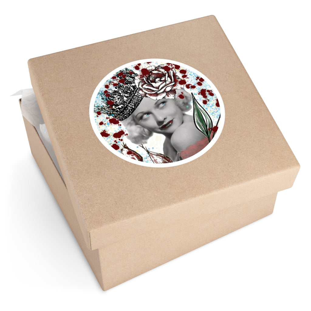 Vintage Glam Round Sticker — Retro Hollywood Actress with Crown & Roses (Indoor/Outdoor)