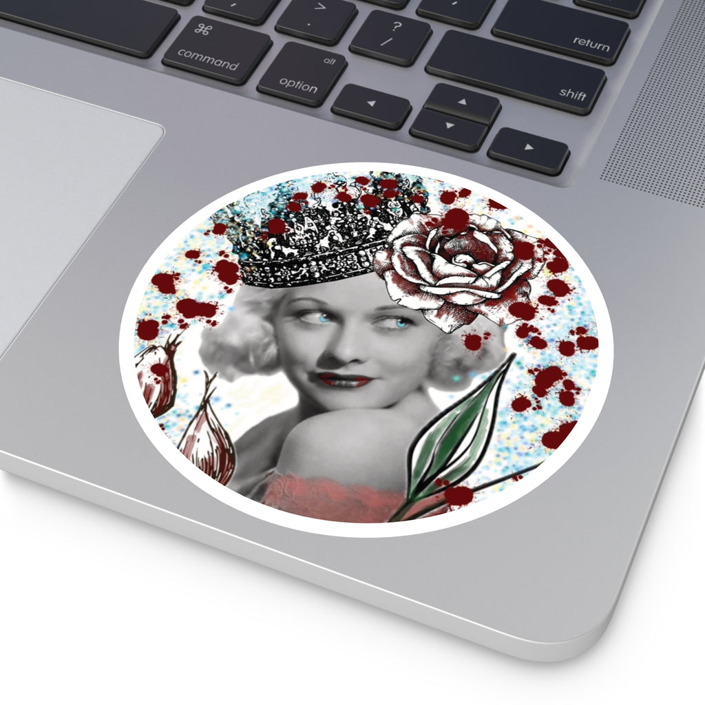 Vintage Glam Round Sticker — Retro Hollywood Actress with Crown & Roses (Indoor/Outdoor)