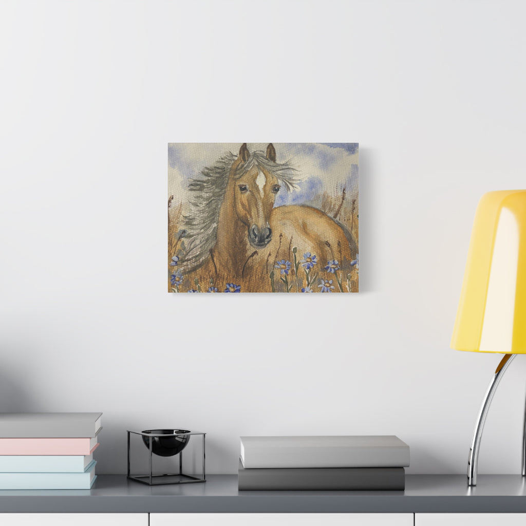 Golden Horse Canvas Print – Watercolor Mustang in Wildflower Meadow (Stretched Matte Canvas)