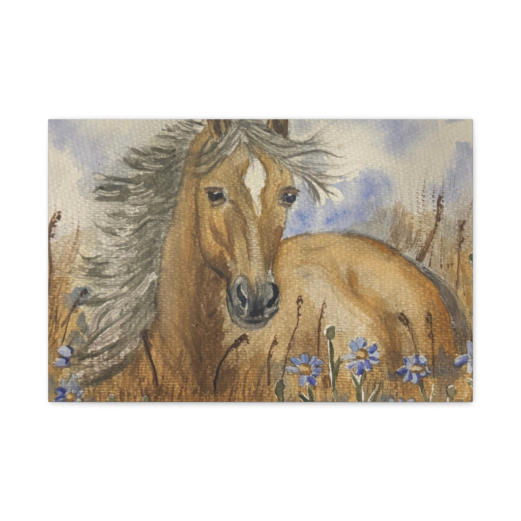 Golden Horse Canvas Print – Watercolor Mustang in Wildflower Meadow (Stretched Matte Canvas)