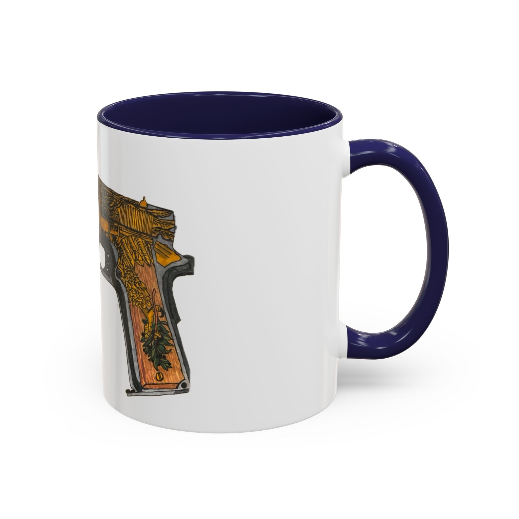 Gold Ornate Pistol Accent Coffee Mug — Decorative Handgun Design (11/15 oz)