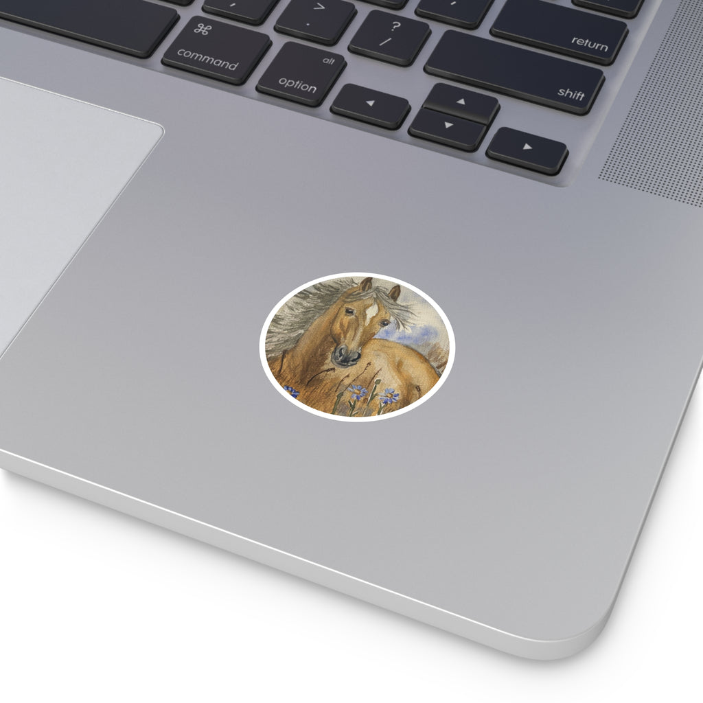 Brown Horse Round Sticker — Watercolor Wild Pony Floral Laptop Decal (Indoor/Outdoor)