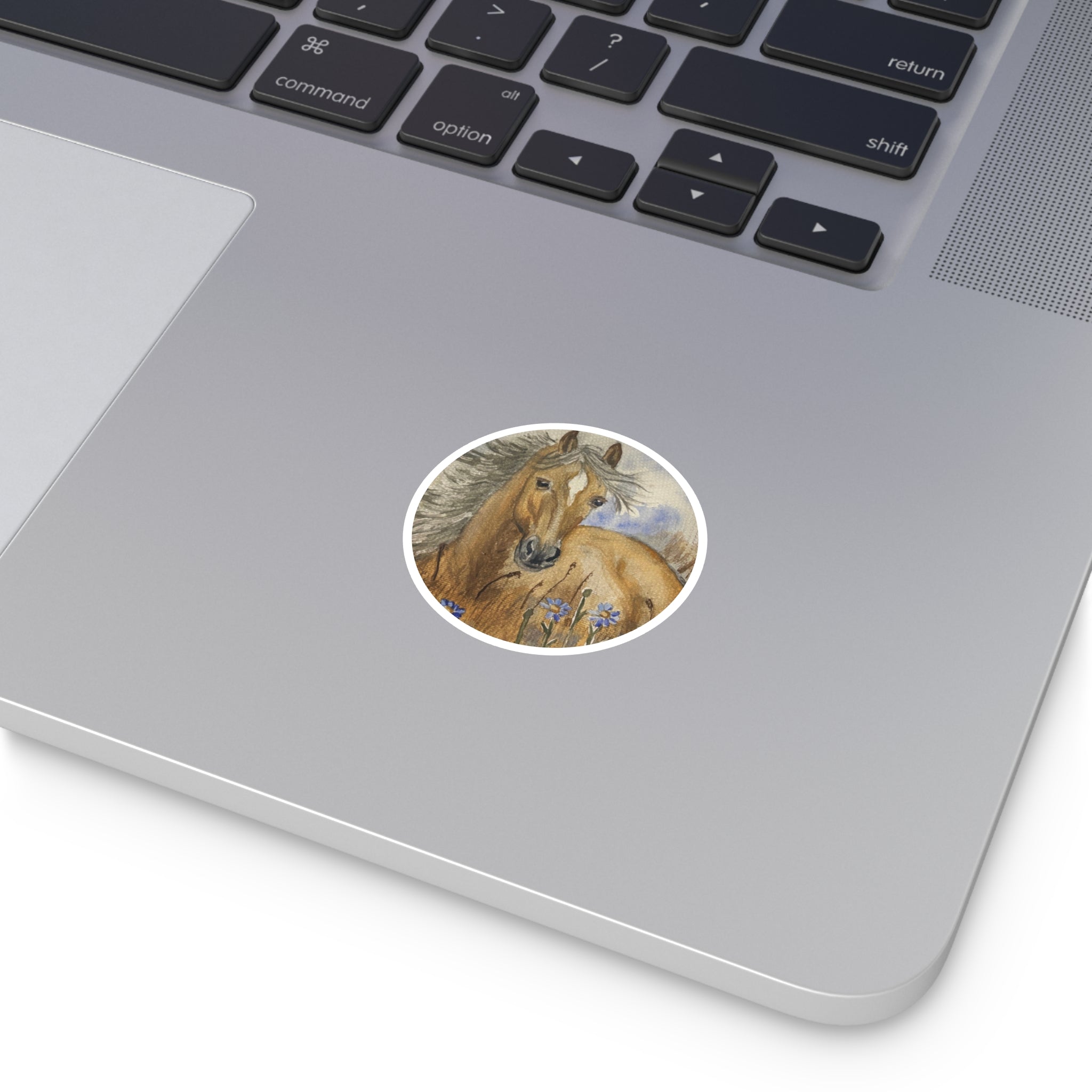 Brown Horse Round Sticker — Watercolor Wild Pony Floral Laptop Decal (Indoor/Outdoor)