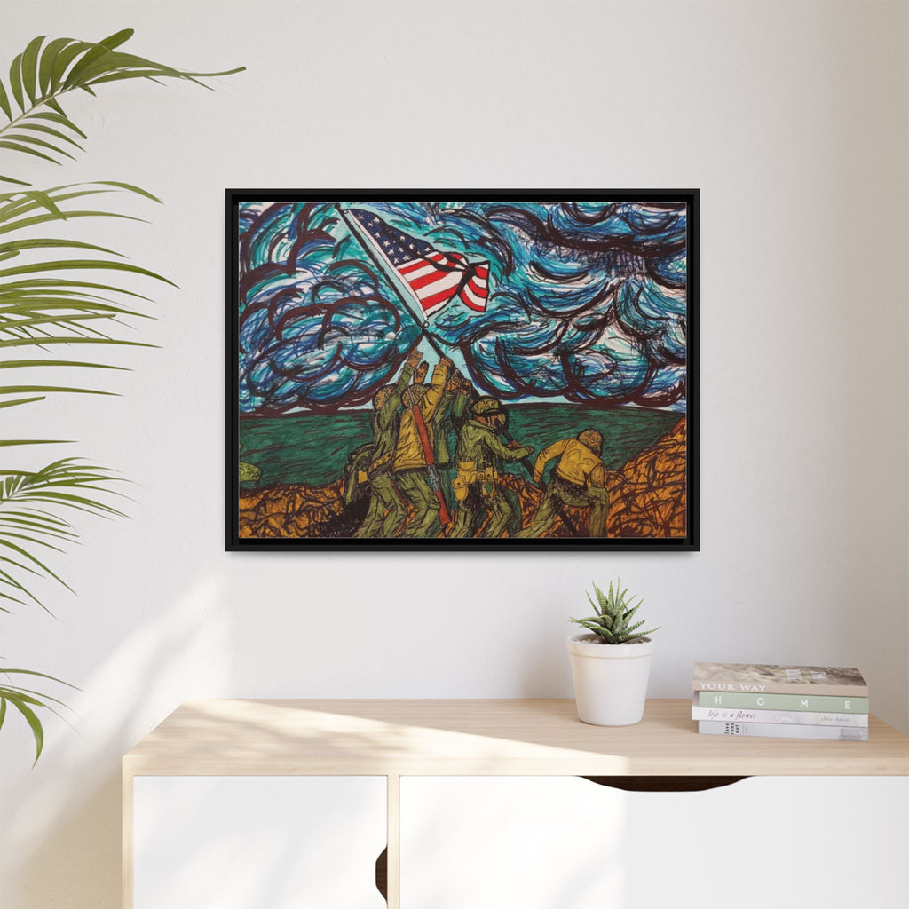 Framed Matte Canvas - Iwo Jima Flag Raising Art Print