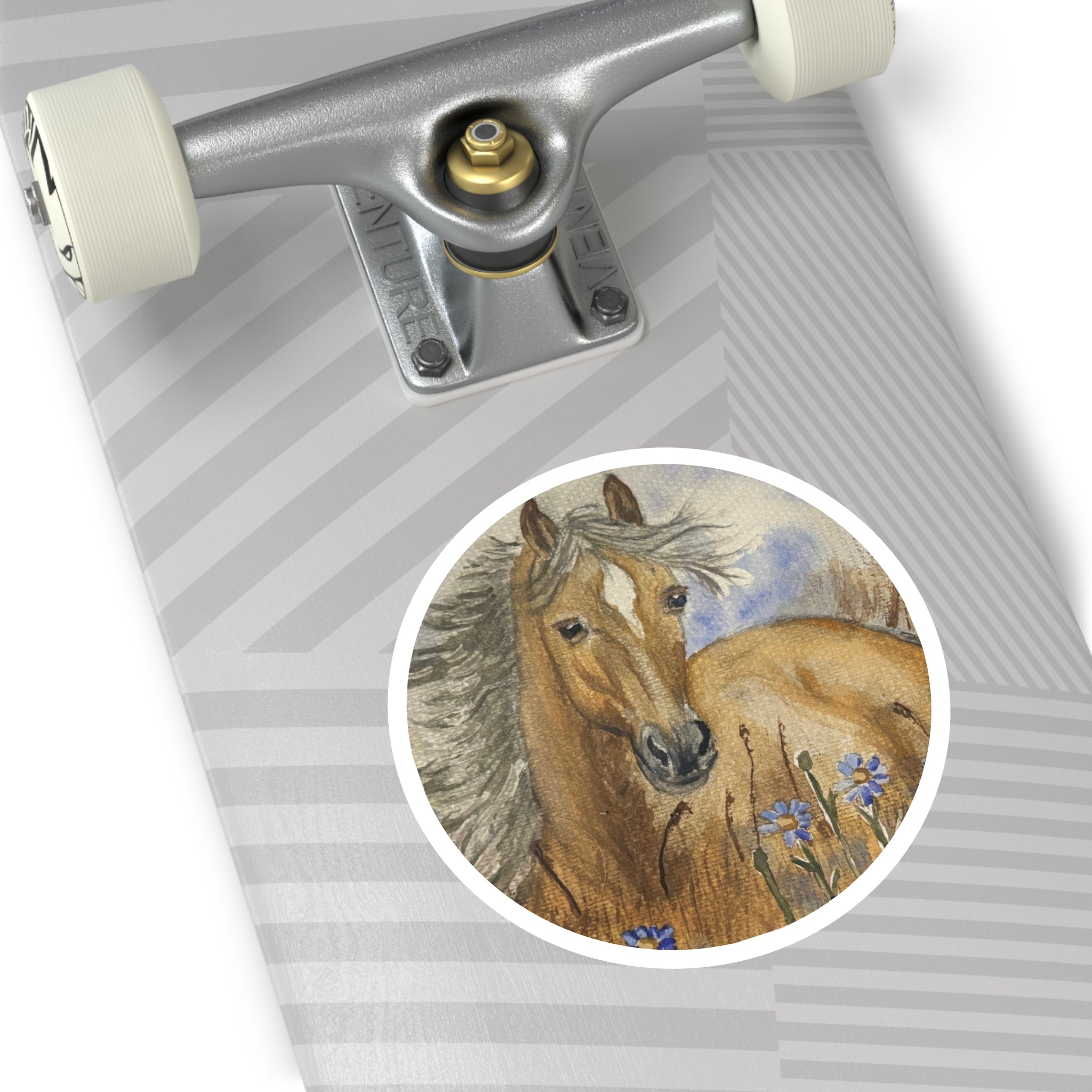 Brown Horse Round Sticker — Watercolor Wild Pony Floral Laptop Decal (Indoor/Outdoor)