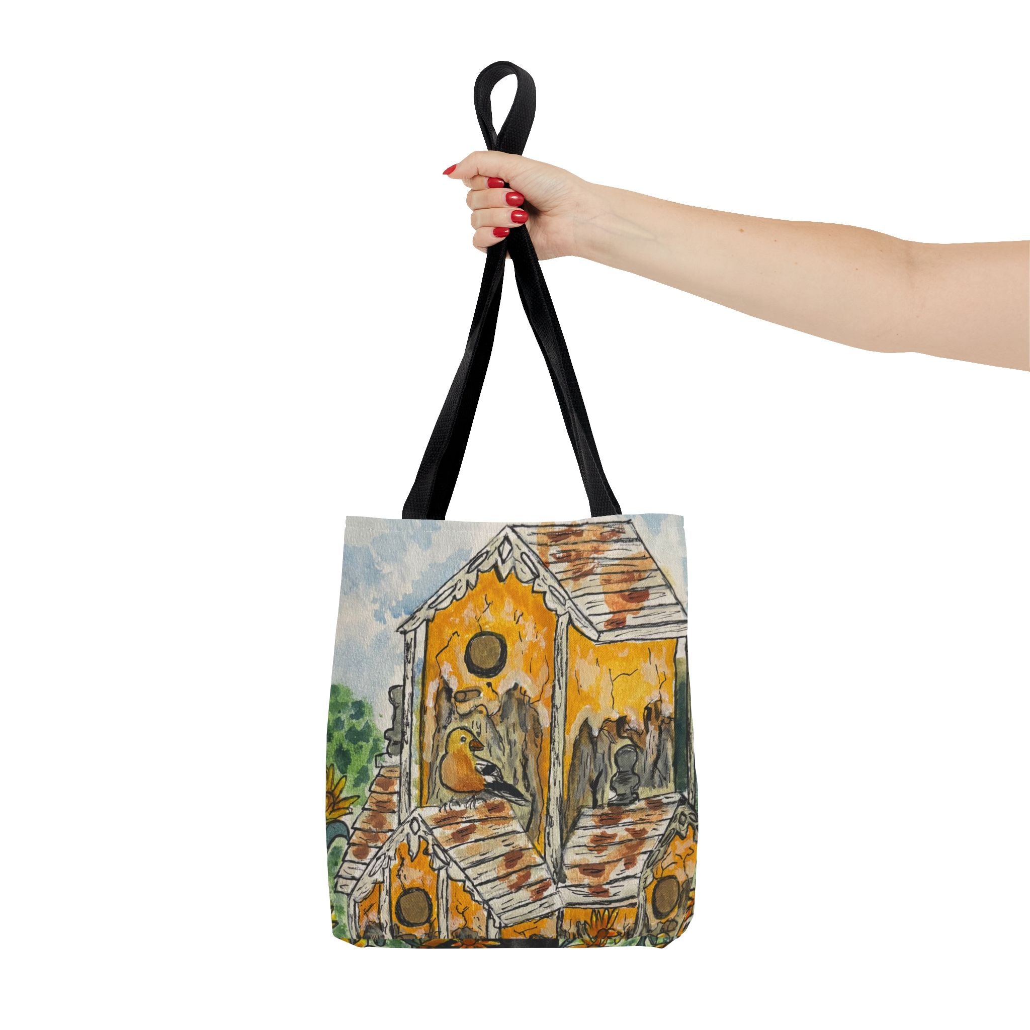 Birdhouse Watercolor Tote Bag — Hand-Painted Cottagecore Garden Bag