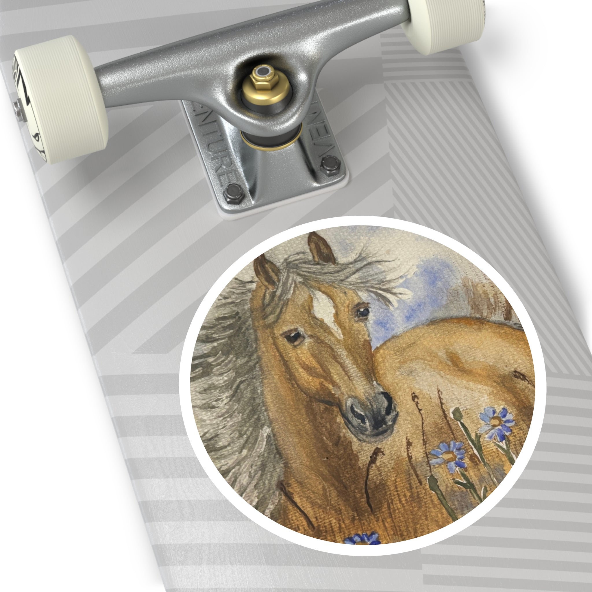 Brown Horse Round Sticker — Watercolor Wild Pony Floral Laptop Decal (Indoor/Outdoor)