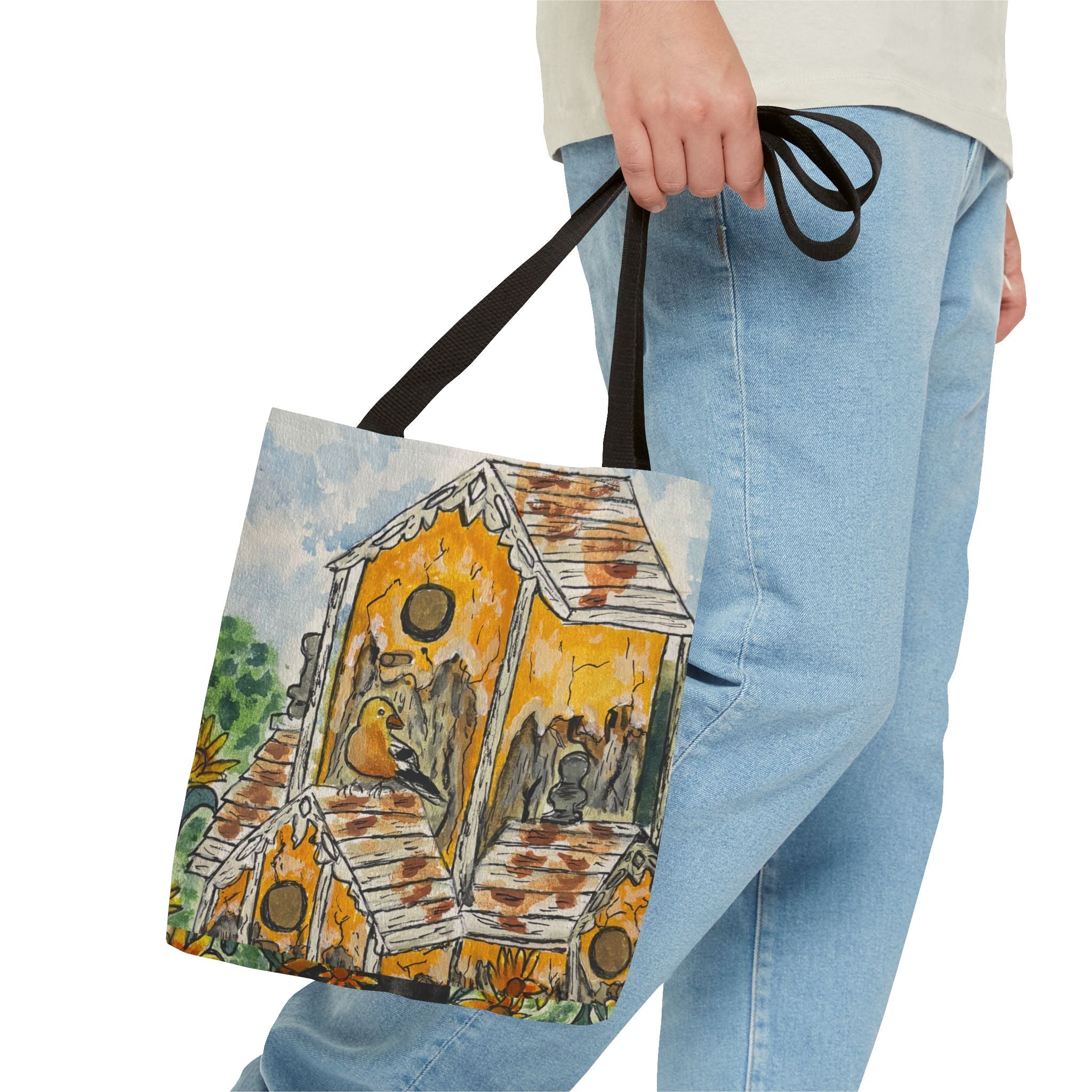 Birdhouse Watercolor Tote Bag — Hand-Painted Cottagecore Garden Bag