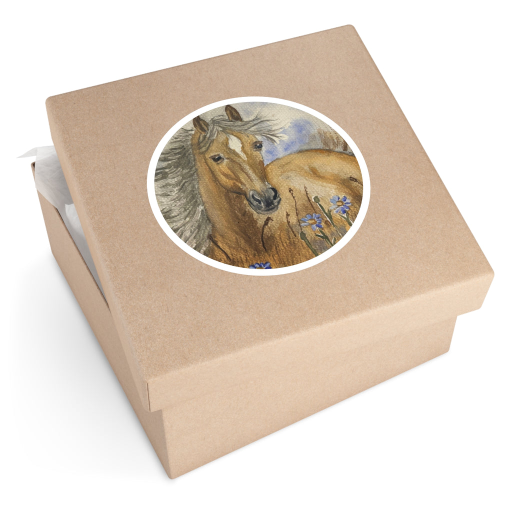 Brown Horse Round Sticker — Watercolor Wild Pony Floral Laptop Decal (Indoor/Outdoor)