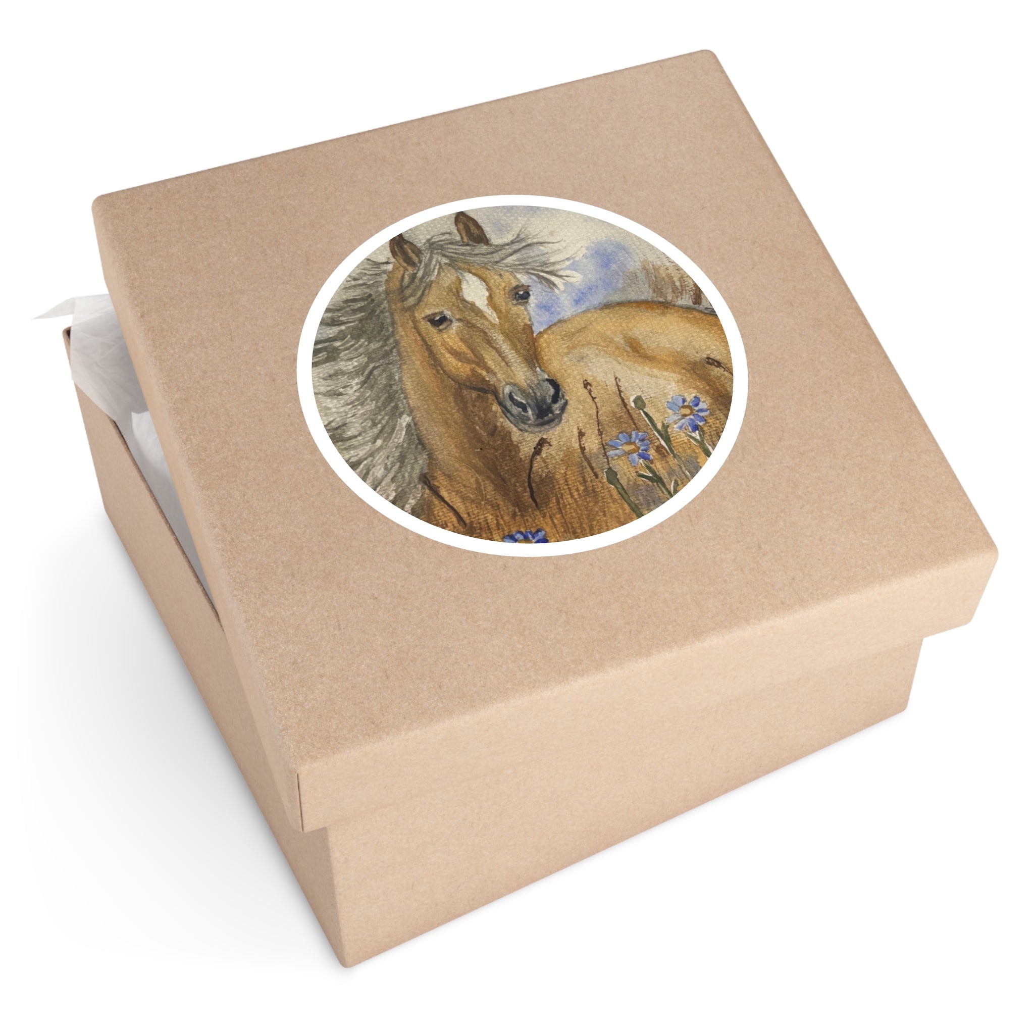 Brown Horse Round Sticker — Watercolor Wild Pony Floral Laptop Decal (Indoor/Outdoor)