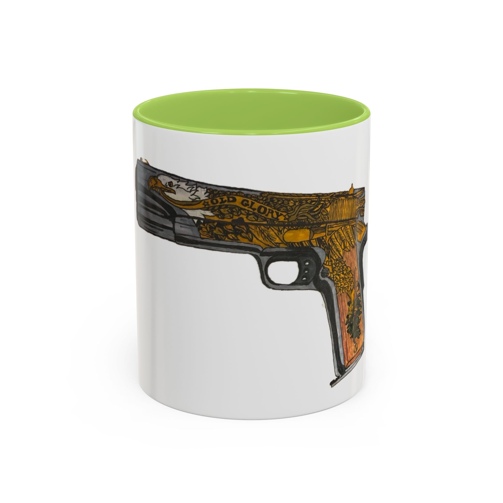 Gold Ornate Pistol Accent Coffee Mug — Decorative Handgun Design (11/15 oz)